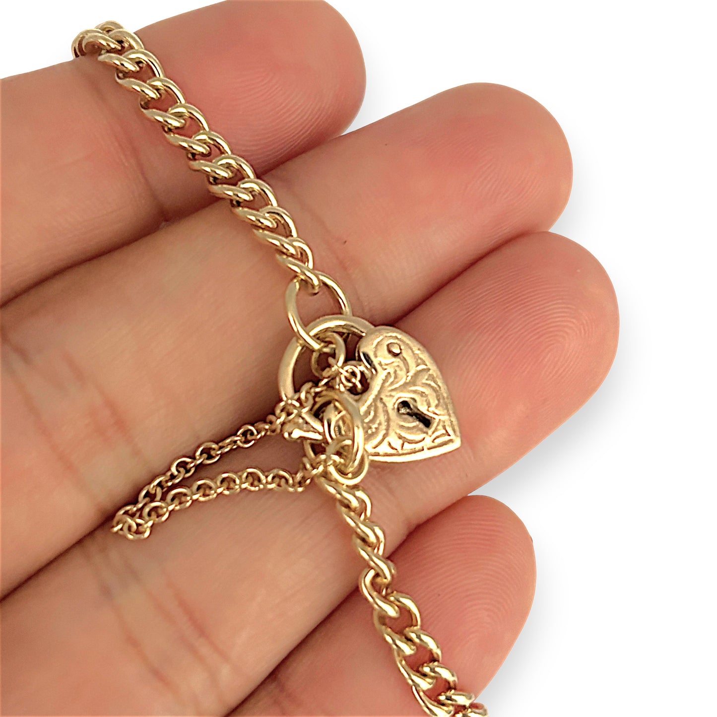 GOLD DEAL | 9ct (9K) Refurbished Soft Curb Link Bracelet with Heart Padlock Length 18cm