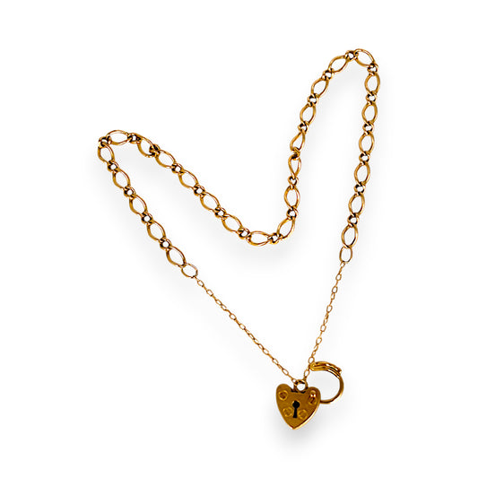 GOLD DEAL | 9ct (9K) Gold 1x1 Figaro Link Bracelet with Heart Padlock Length 20cm