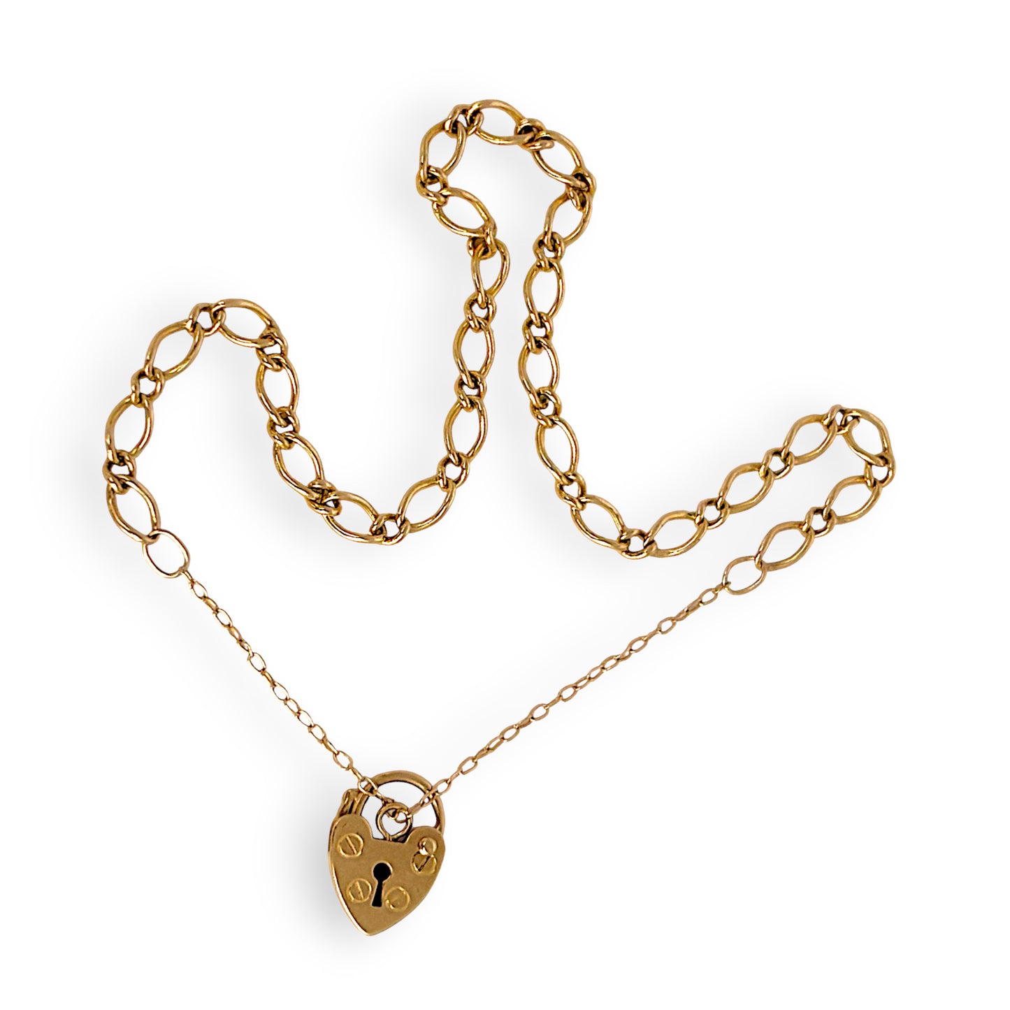 GOLD DEAL | 9ct (9K) Gold 1x1 Figaro Link Bracelet with Heart Padlock Length 20cm