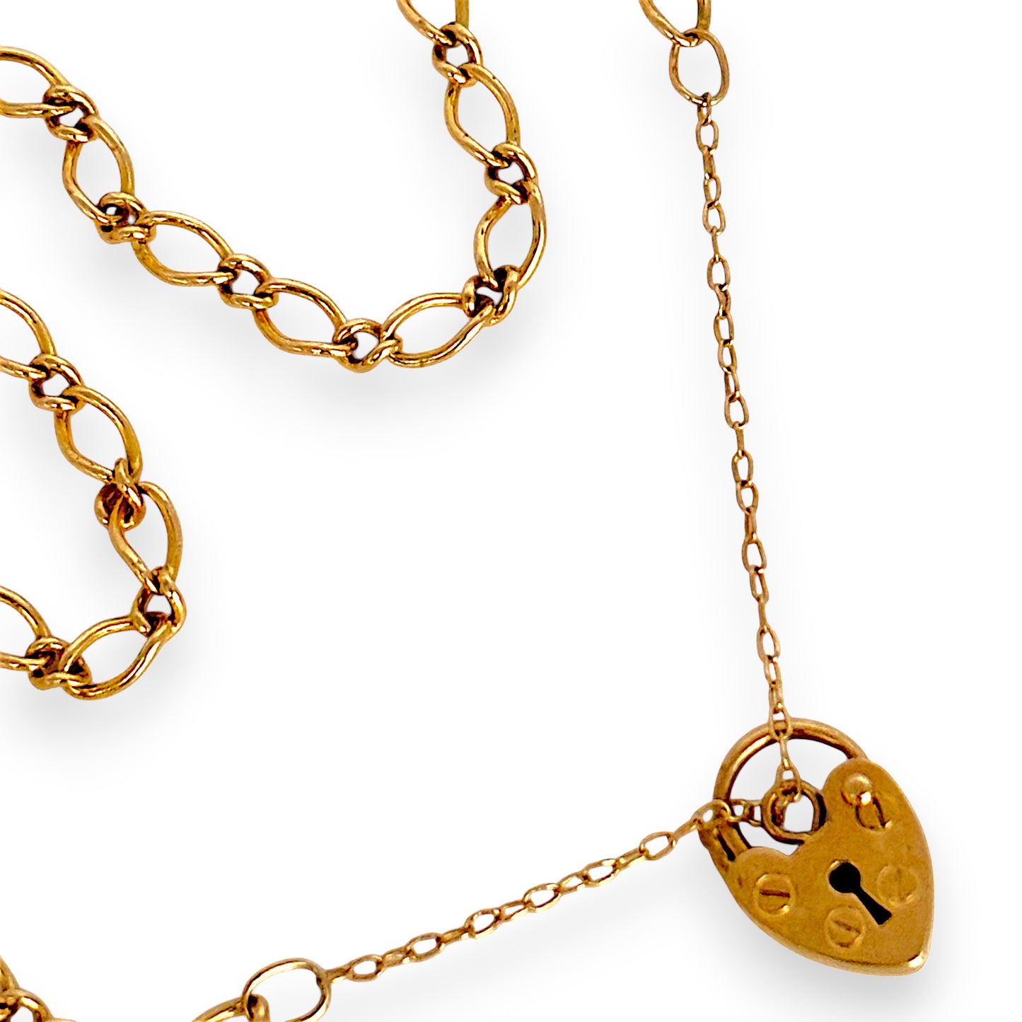 GOLD DEAL | 9ct (9K) Gold 1x1 Figaro Link Bracelet with Heart Padlock Length 20cm