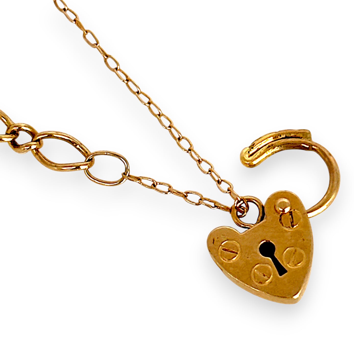 GOLD DEAL | 9ct (9K) Gold 1x1 Figaro Link Bracelet with Heart Padlock Length 20cm