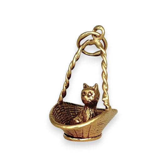 GOLD DEAL | 9ct (9K) Gold Cat in Basket Vintage Charm