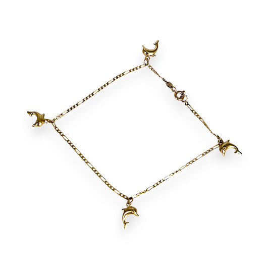 GOLD DEAL | 9ct (9K) Gold Ocean-Inspired Figaro Bracelet 20.5cm Dolphin Charms