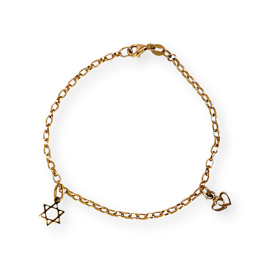 GOLD DEAL | 9ct (9K) MHJ Gold Belcher Bracelet 18cm Symbolic Charms Hearts & Star