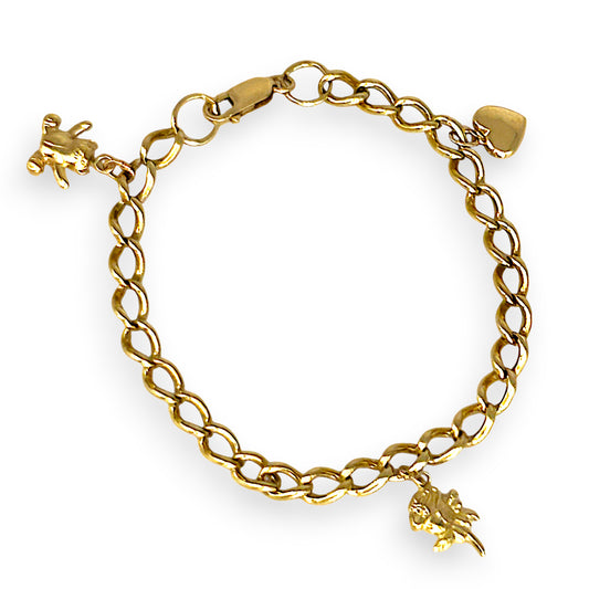 GOLD DEAL | 9ct (9K) Gold Heart, Rose & Bear Motifs Refurbished Bracelet 21cm