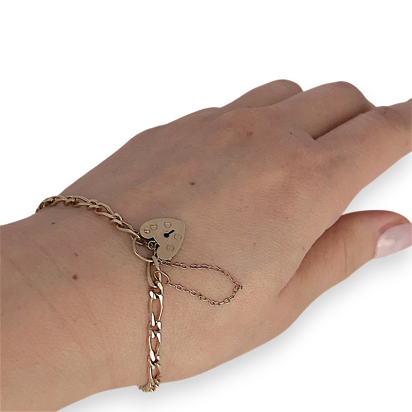 GOLD DEAL | 9ct (9K) Gold Sentimental Figaro Bracelet 18cm Padlock & Safety Chain