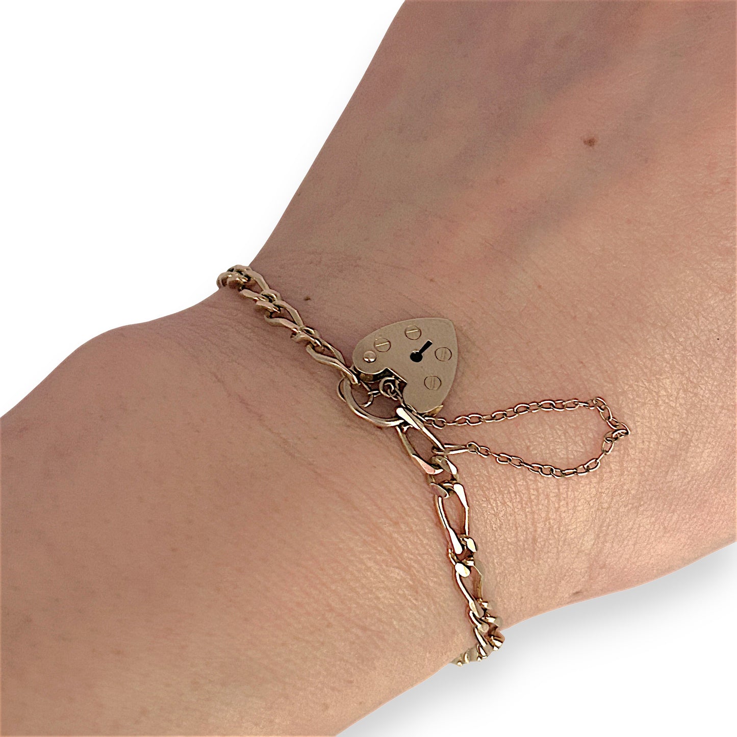 GOLD DEAL | 9ct (9K) Gold Sentimental Figaro Bracelet 18cm Padlock & Safety Chain
