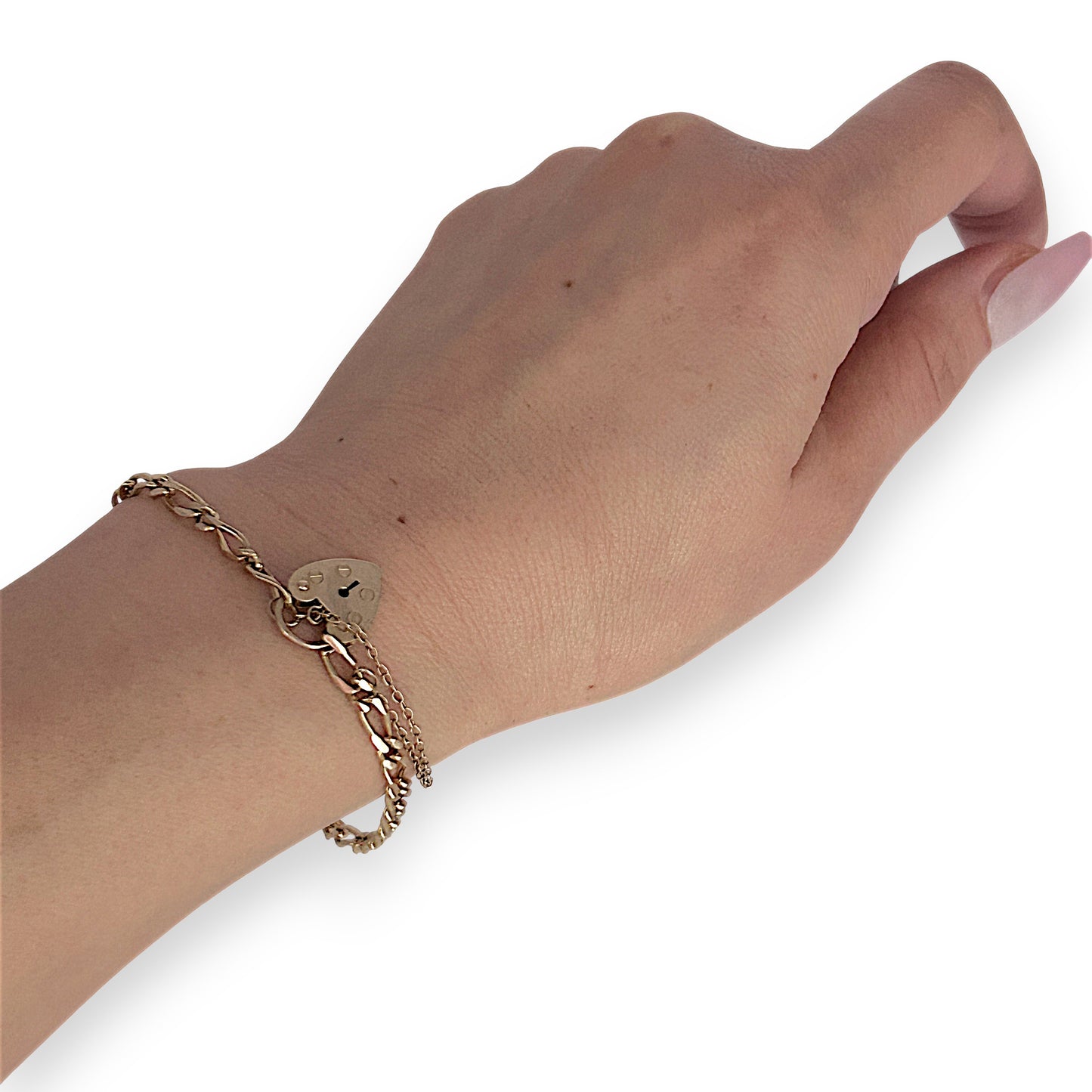 GOLD DEAL | 9ct (9K) Gold Sentimental Figaro Bracelet 18cm Padlock & Safety Chain
