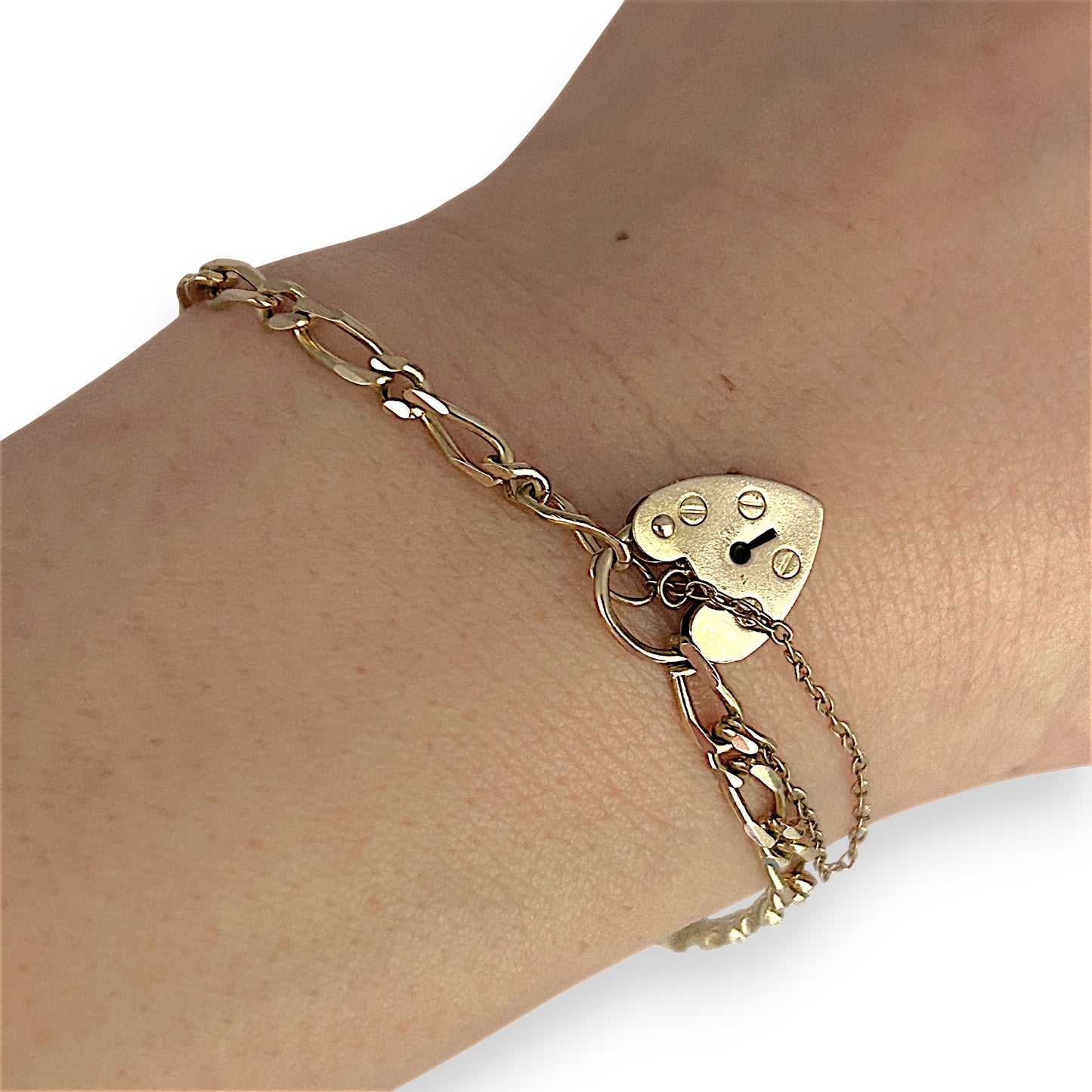 GOLD DEAL | 9ct (9K) Gold Sentimental Figaro Bracelet 18cm Padlock & Safety Chain