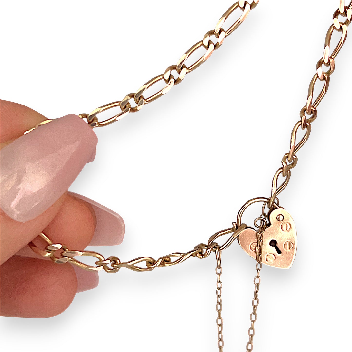 GOLD DEAL | 9ct (9K) Gold Sentimental Figaro Bracelet 18cm Padlock & Safety Chain