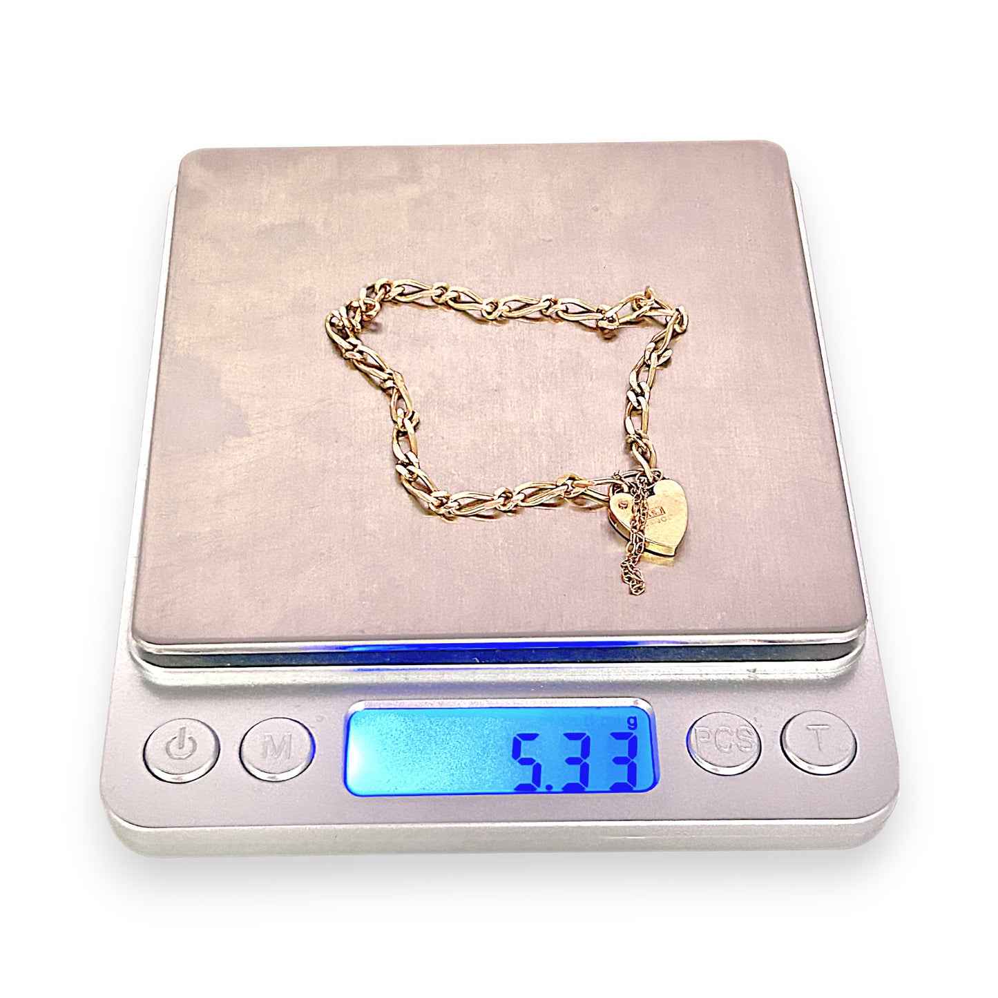 GOLD DEAL | 9ct (9K) Gold Sentimental Figaro Bracelet 18cm Padlock & Safety Chain