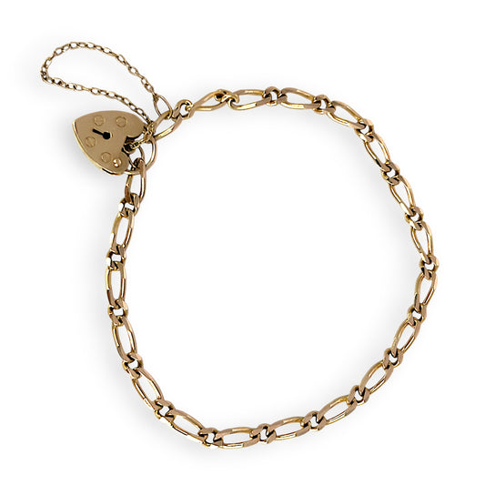 GOLD DEAL | 9ct (9K) Gold Sentimental Figaro Bracelet 18cm Padlock & Safety Chain