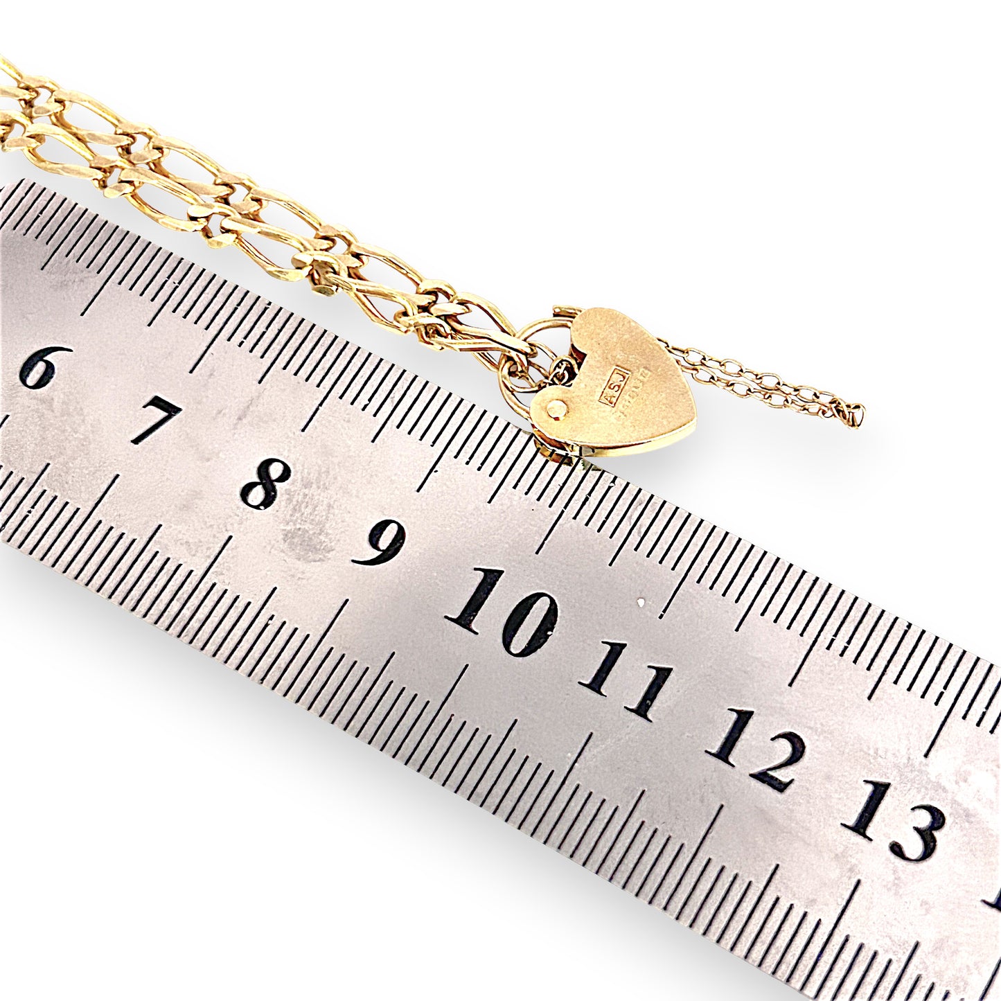 GOLD DEAL | 9ct (9K) Gold Sentimental Figaro Bracelet 18cm Padlock & Safety Chain