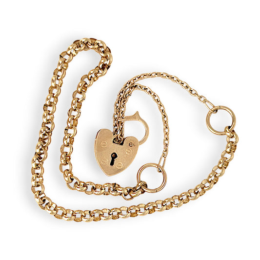 GOLD DEAL | 9ct (9K) Gold Vintage Glamour Belcher Bracelet 18cm with heart Padlock