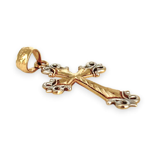 GOLD DEAL | 9ct (9K) Y/W Gold Two Tone Vintage Scrollwork Cross Pendant 24.6mm