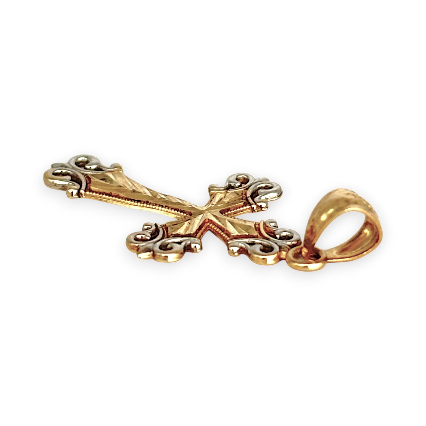 GOLD DEAL | 9ct (9K) Y/W Gold Two Tone Vintage Scrollwork Cross Pendant 24.6mm