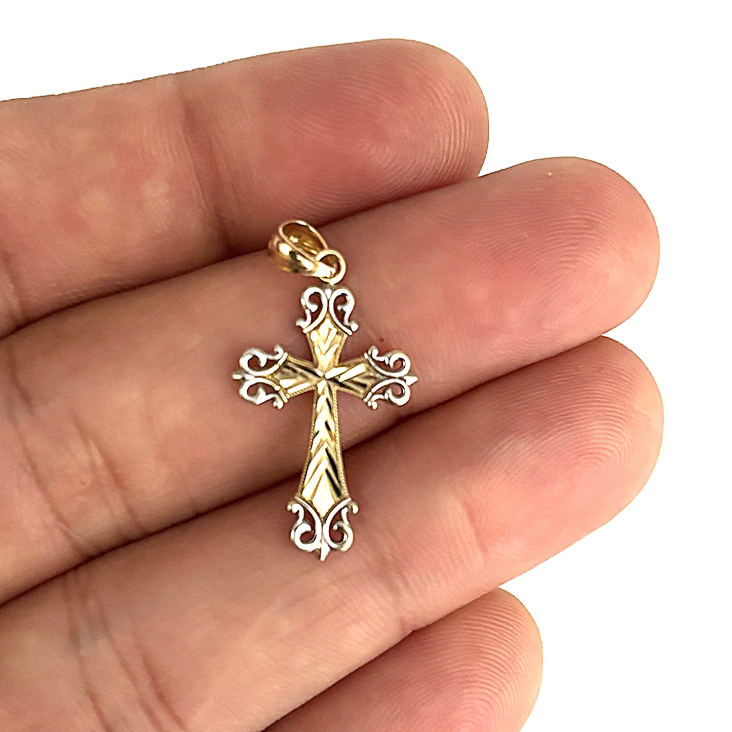 GOLD DEAL | 9ct (9K) Y/W Gold Two Tone Vintage Scrollwork Cross Pendant 24.6mm