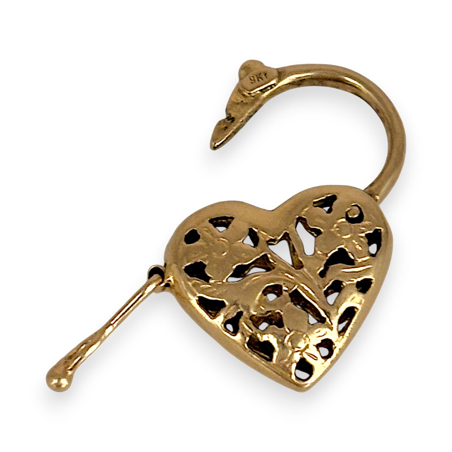 GOLD DEAL | 9ct (9K) Gold Blooming Heart Padlock Pendant with Floral Filigree