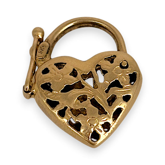GOLD DEAL | 9ct (9K) Gold Blooming Heart Padlock Pendant with Floral Filigree
