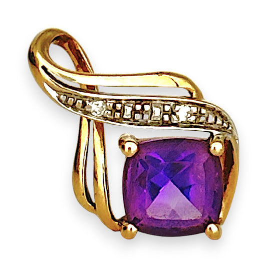 GOLD DEAL | 9ct (9K) Gold Cushion Cut Amethyst Embrace Diamond Pendant