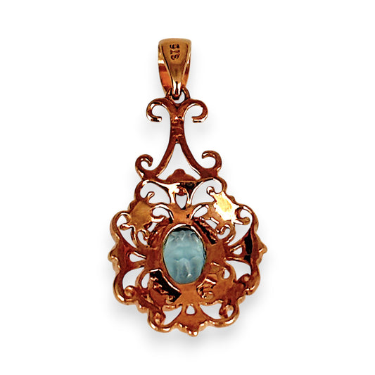 GOLD DEAL | 9ct (9K) Rose Gold Vintage Filigree Ornate Aquamarine Pendant