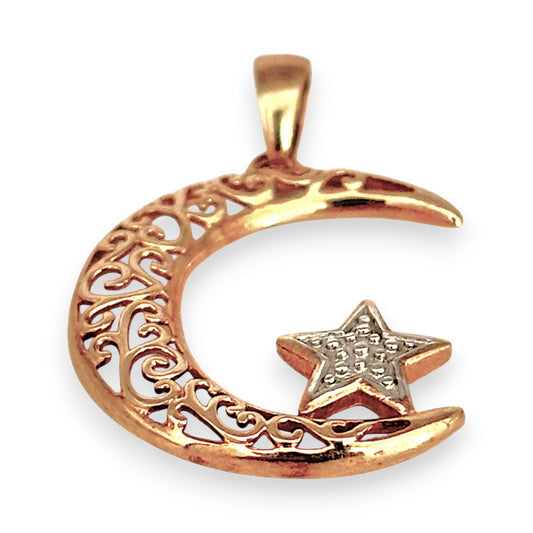 GOLD DEAL | 9ct (9K) Gold PROUNDS Filigree Moon with White Gold Star Pendant
