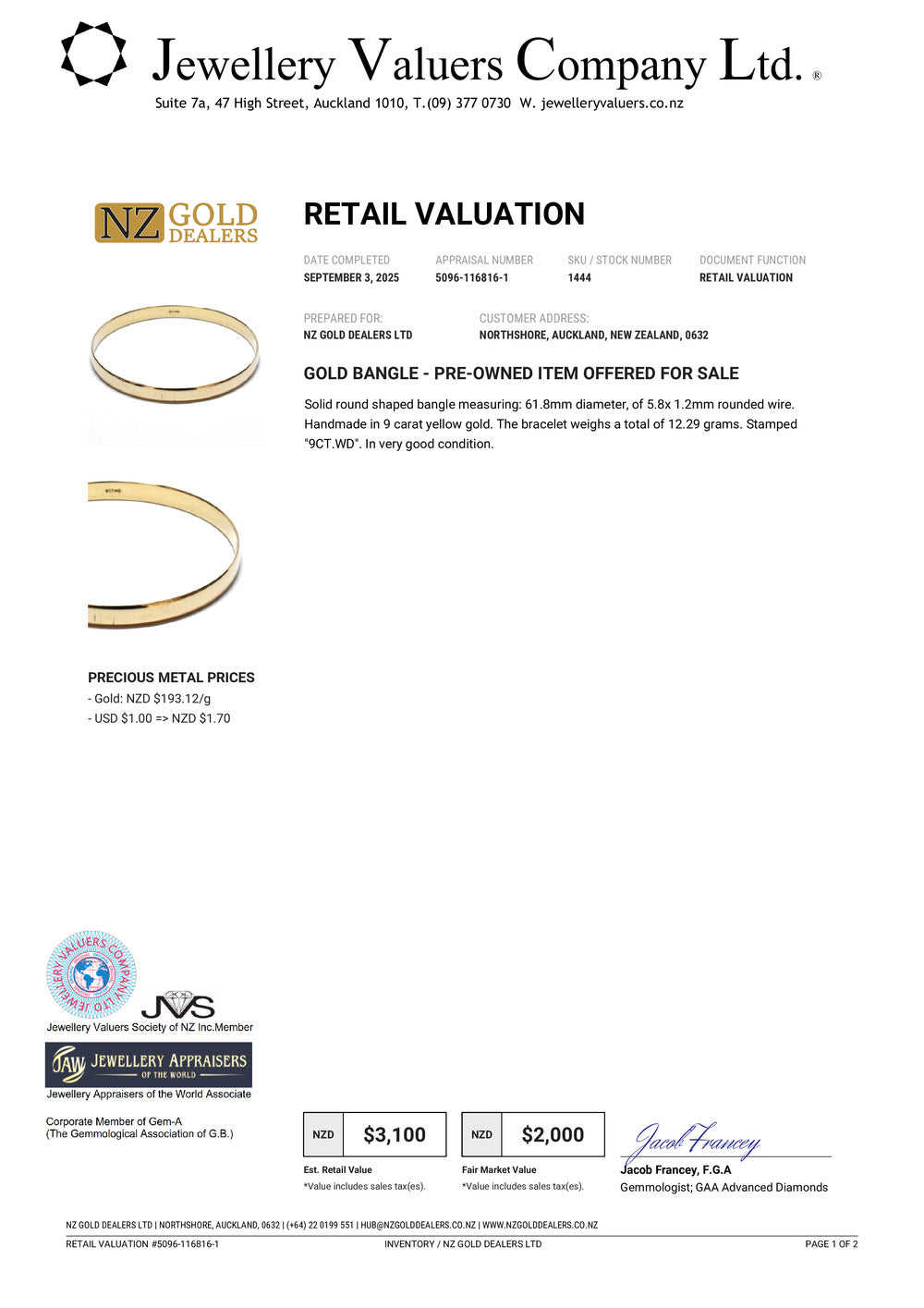 GOLD DEAL | 9ct (9K) Gold Refurbished Bangle 60.0mm Valuation $3,100