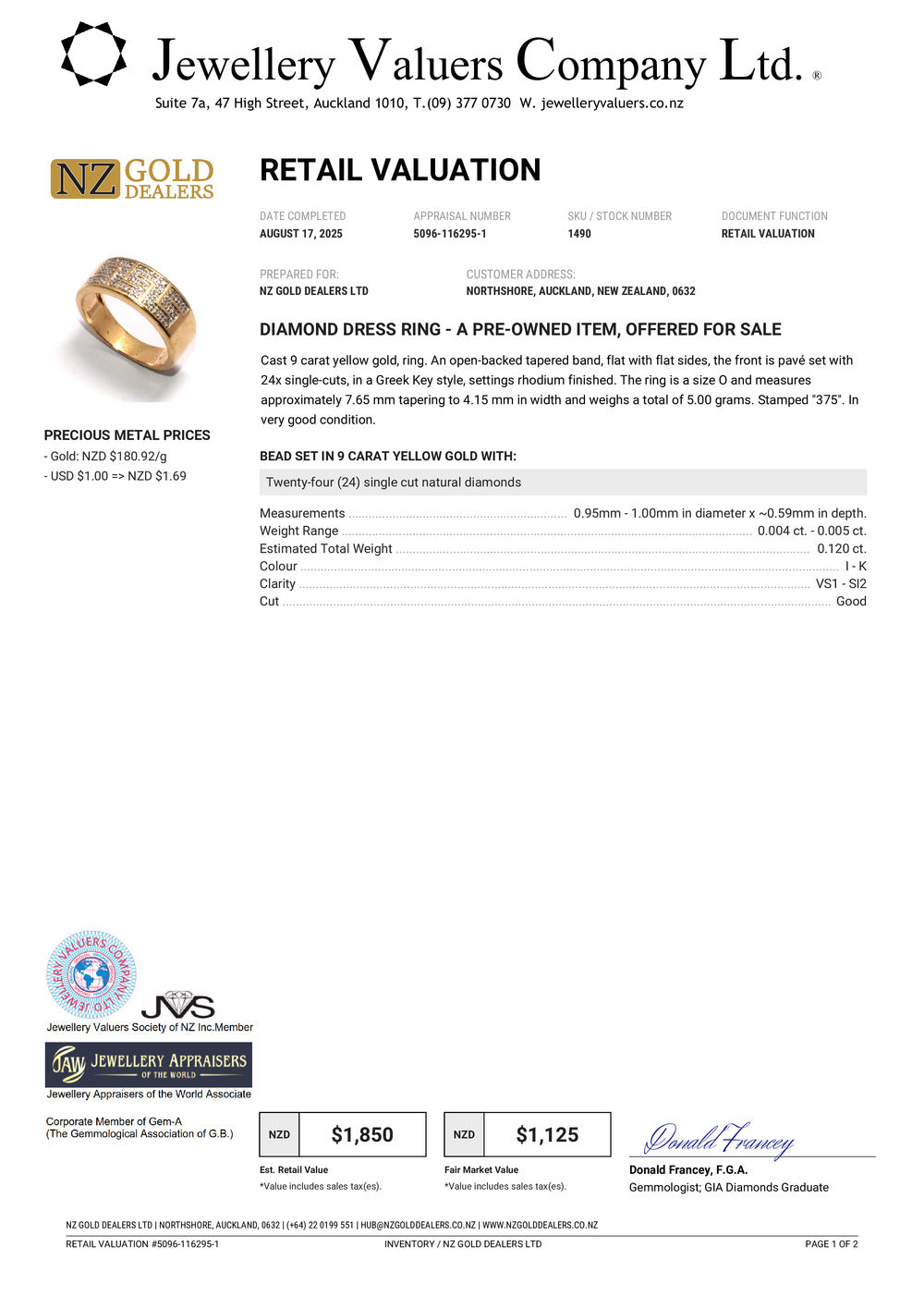 GOLD DEAL | 9K (9ct) Gold Greek Key Style Diamond Refurbished Ring Valuation $1,850
