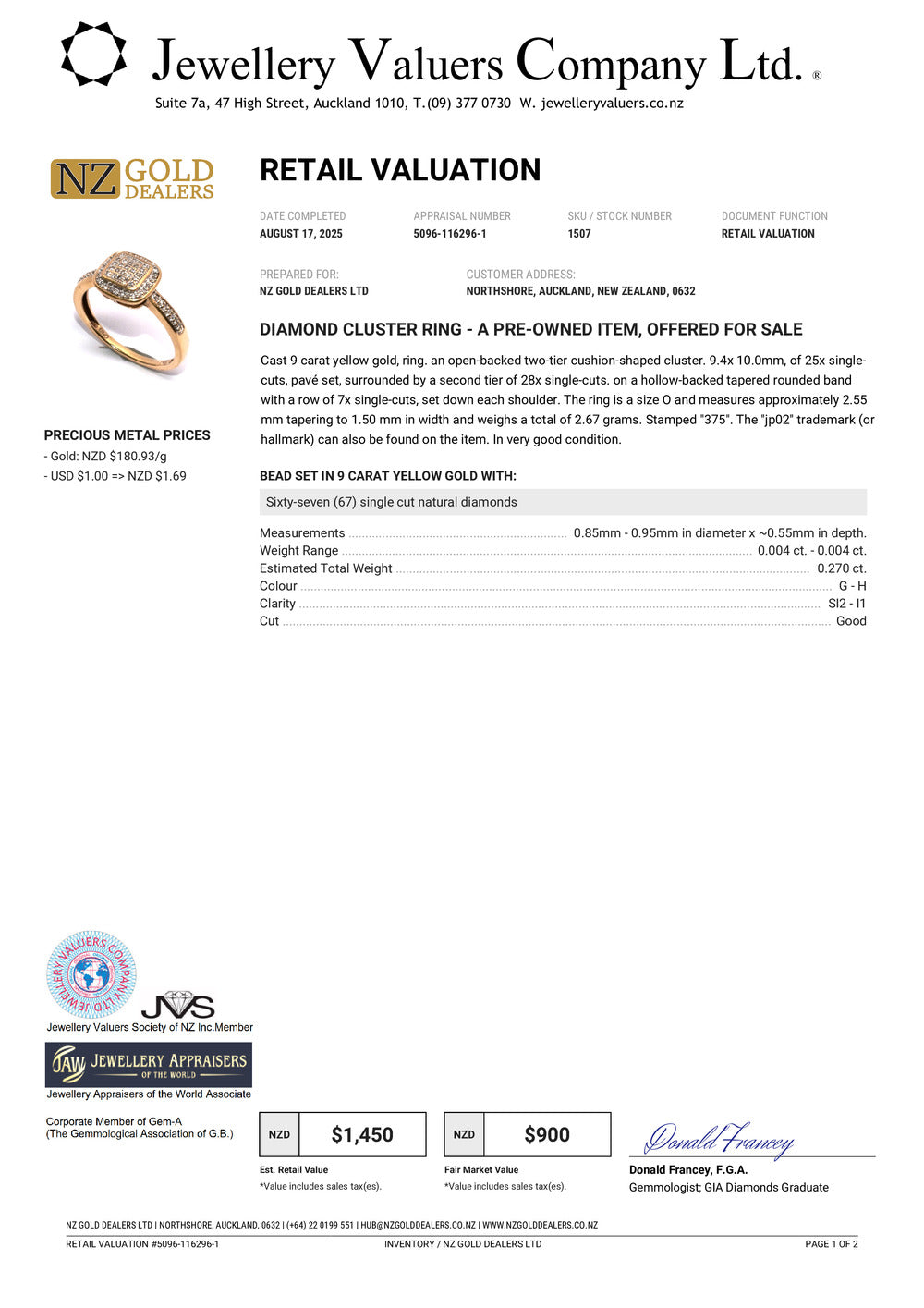 GOLD DEAL | 9ct (9K) Gold Square Cluster Diamond 0.27ct Refurbished Ring Valuation $1,450