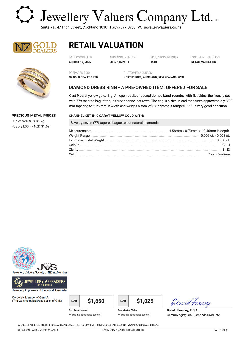 GOLD DEAL | 9ct (9K) Gold Triple Row Channel-Set Diamond 0.35ct Ring Valuation $1,650