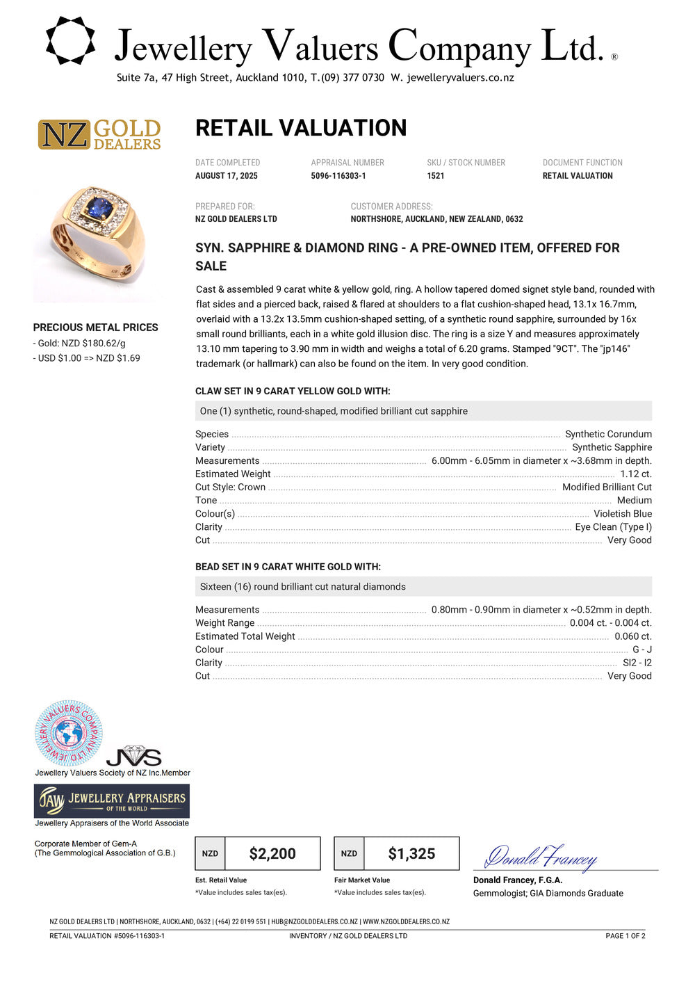 GOLD DEAL | 9ct (9K) Gold Blue Sapphire & Diamond Refurbished Ring Valuation $2,200