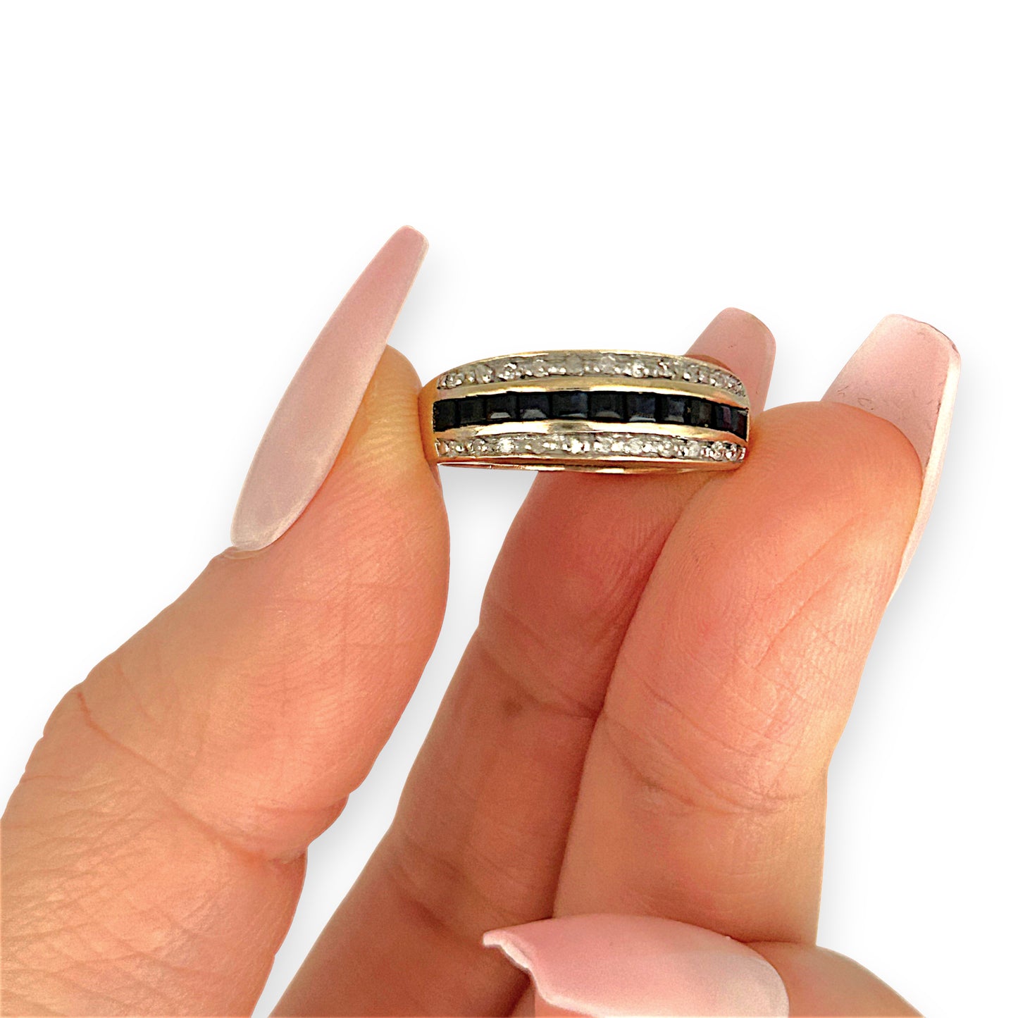 GOLD DEAL | 9ct (9K) Gold Triple Row Channel-Set Sapphire & Diamond Ring