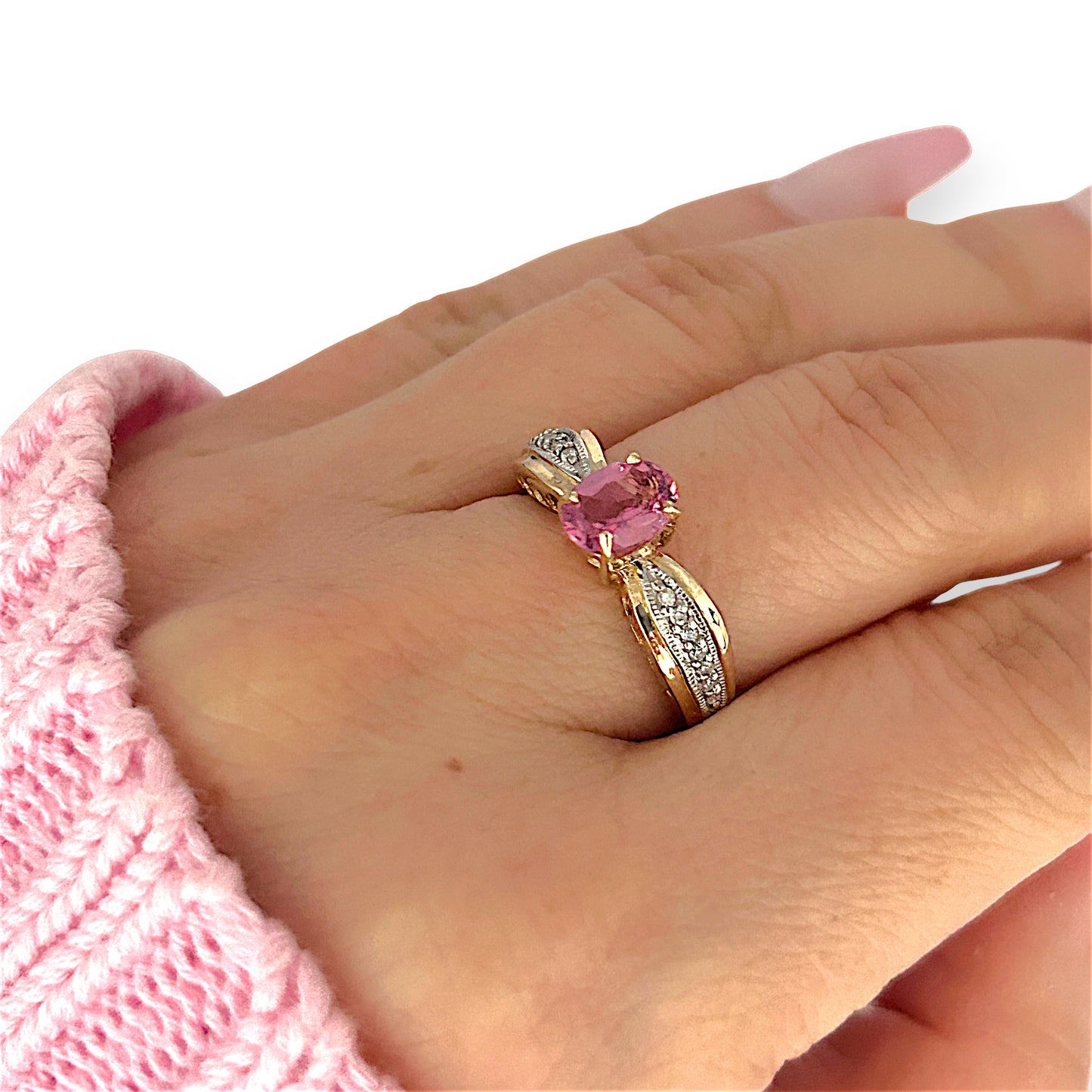GOLD DEAL | 9ct (9K) Gold Pink Tourmaline & Diamond Dress Refurbished Ring Valuation $1,625