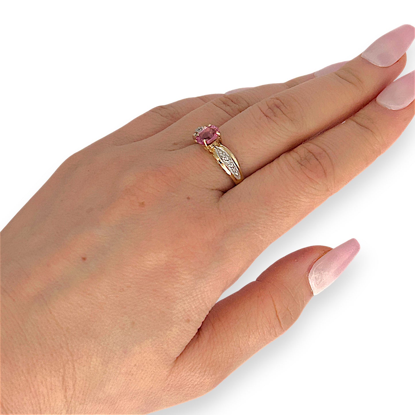 GOLD DEAL | 9ct (9K) Gold Pink Tourmaline & Diamond Dress Refurbished Ring Valuation $1,625
