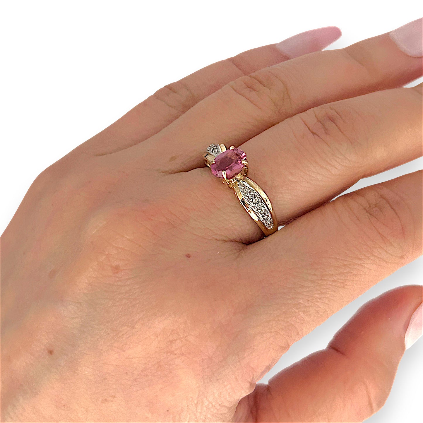 GOLD DEAL | 9ct (9K) Gold Pink Tourmaline & Diamond Dress Refurbished Ring Valuation $1,625