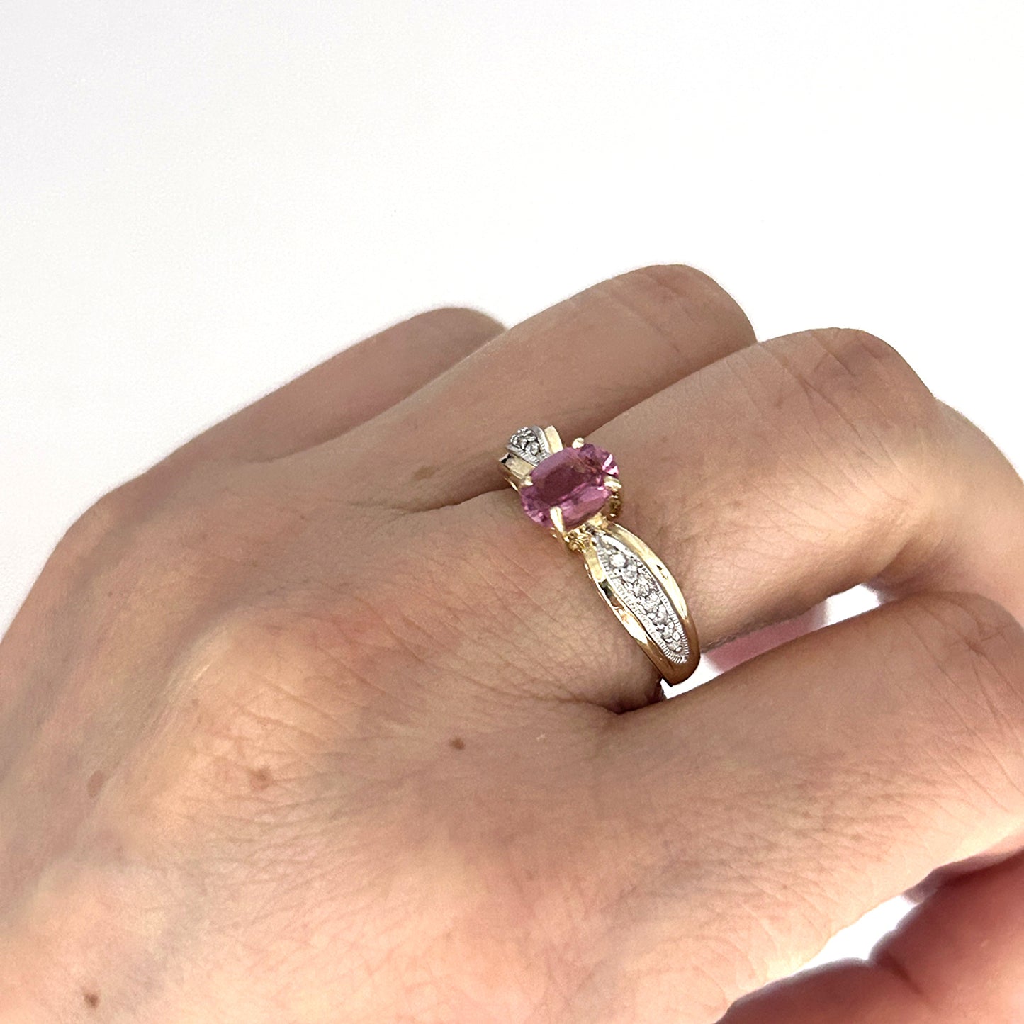 GOLD DEAL | 9ct (9K) Gold Pink Tourmaline & Diamond Dress Refurbished Ring Valuation $1,625