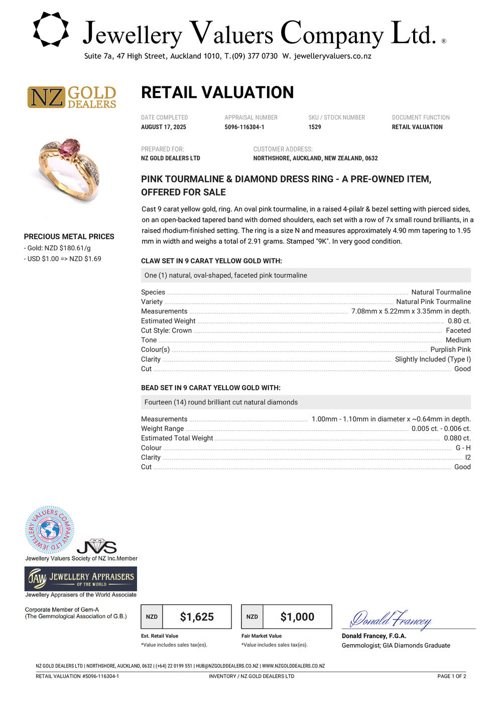 GOLD DEAL | 9ct (9K) Gold Pink Tourmaline & Diamond Dress Refurbished Ring Valuation $1,625