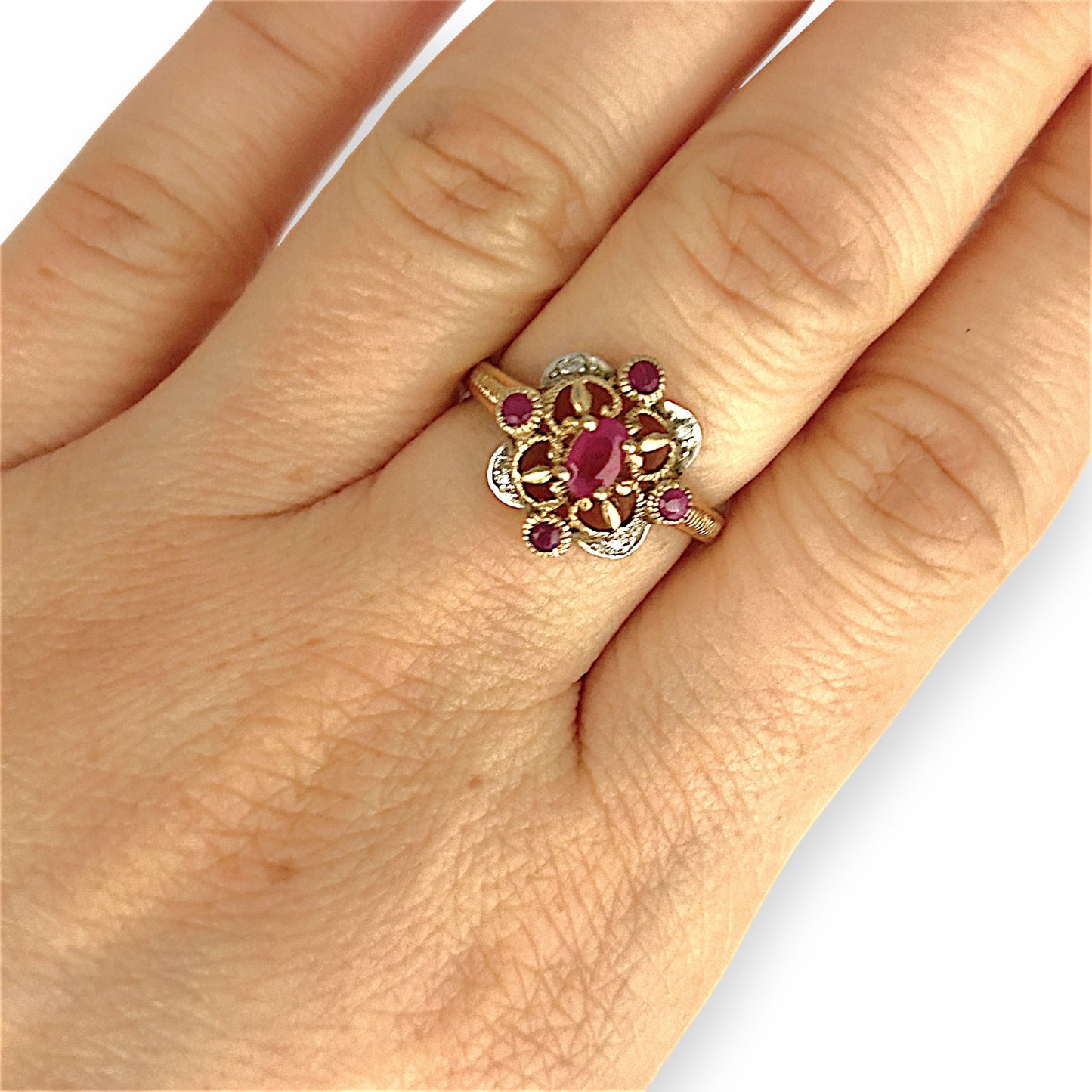 GOLD DEAL | 9ct Gold Ruby & Diamond-Kissed Filigre Ring