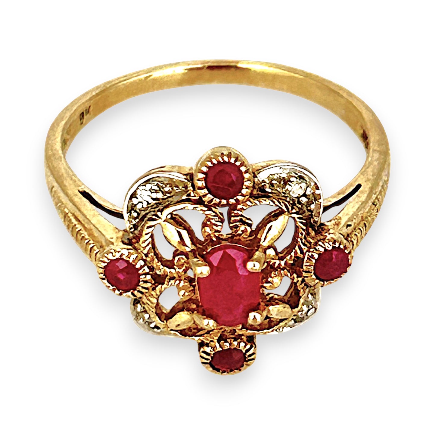 GOLD DEAL | 9ct Gold Ruby & Diamond-Kissed Filigre Ring