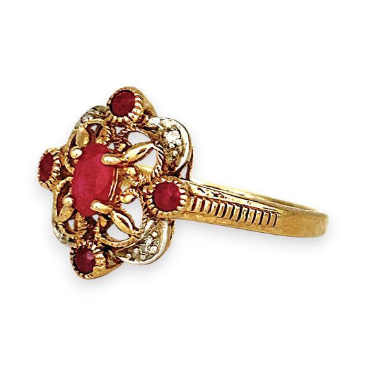 GOLD DEAL | 9ct Gold Ruby & Diamond-Kissed Filigre Ring