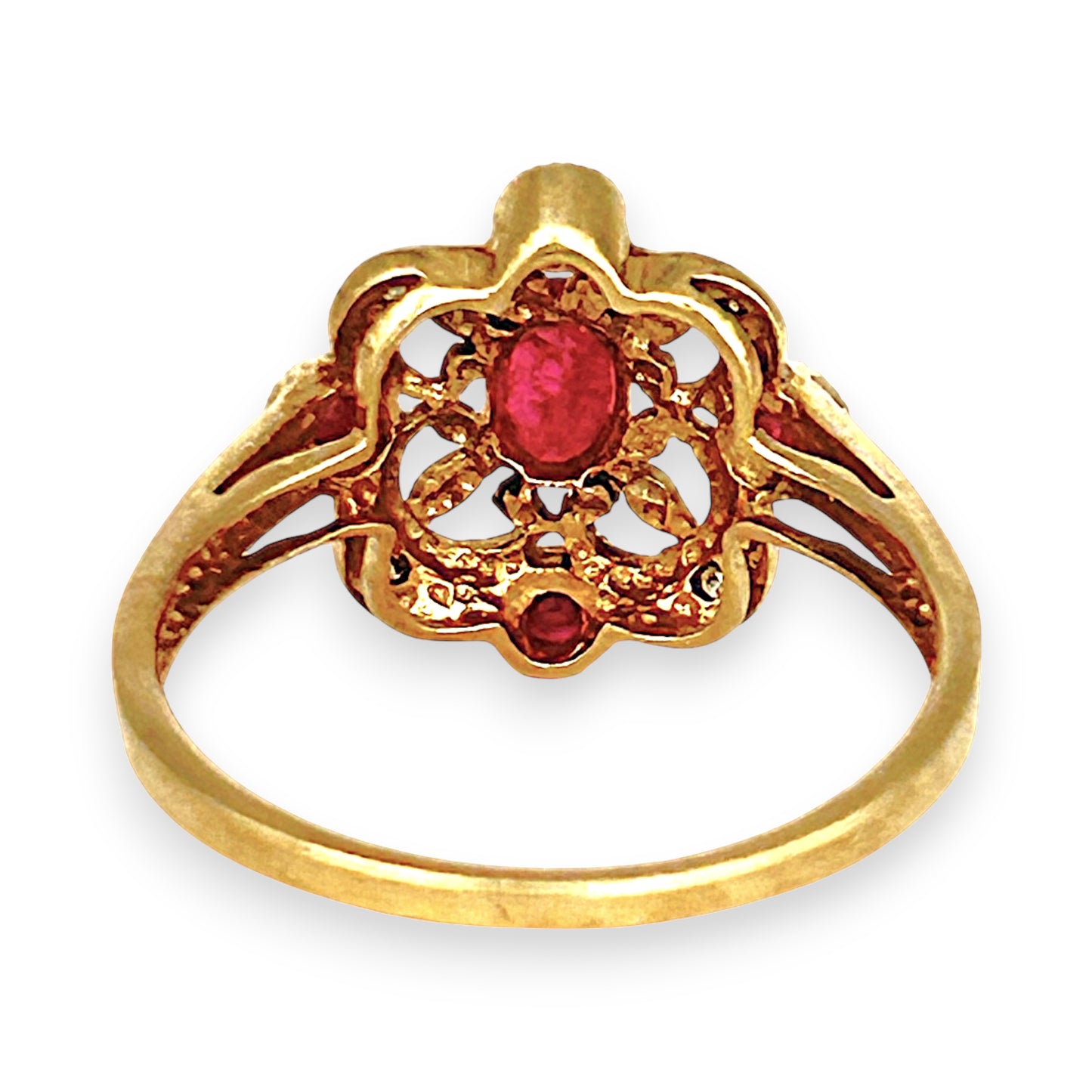 GOLD DEAL | 9ct Gold Ruby & Diamond-Kissed Filigre Ring