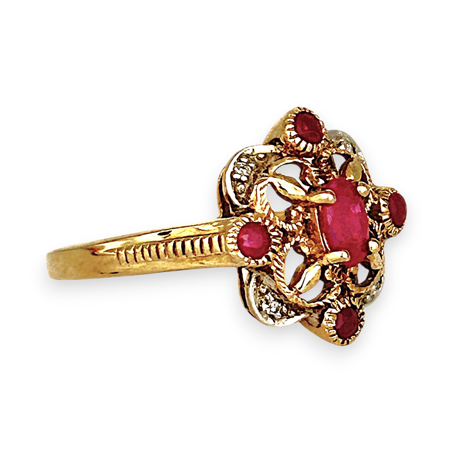GOLD DEAL | 9ct Gold Ruby & Diamond-Kissed Filigre Ring