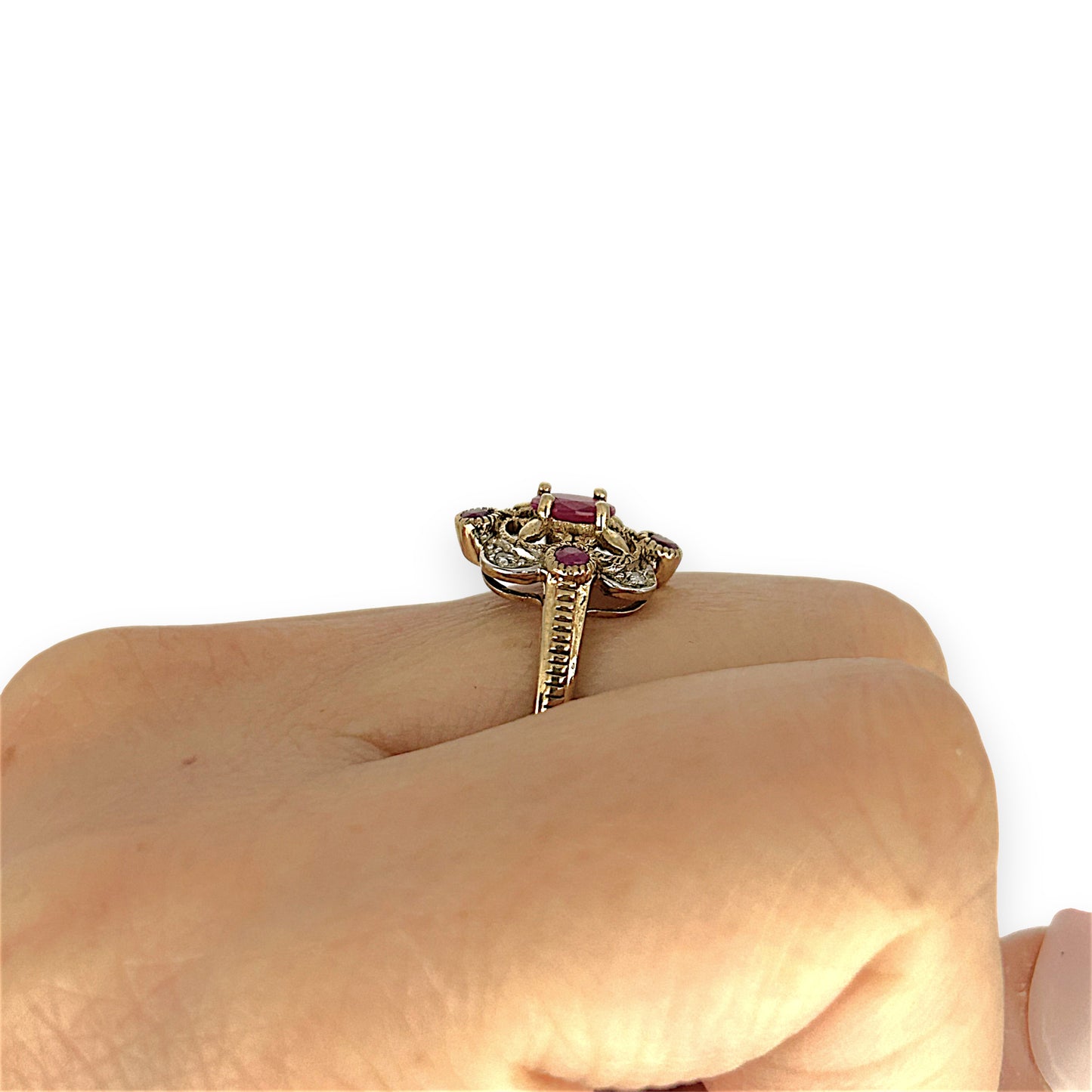 GOLD DEAL | 9ct Gold Ruby & Diamond-Kissed Filigre Ring