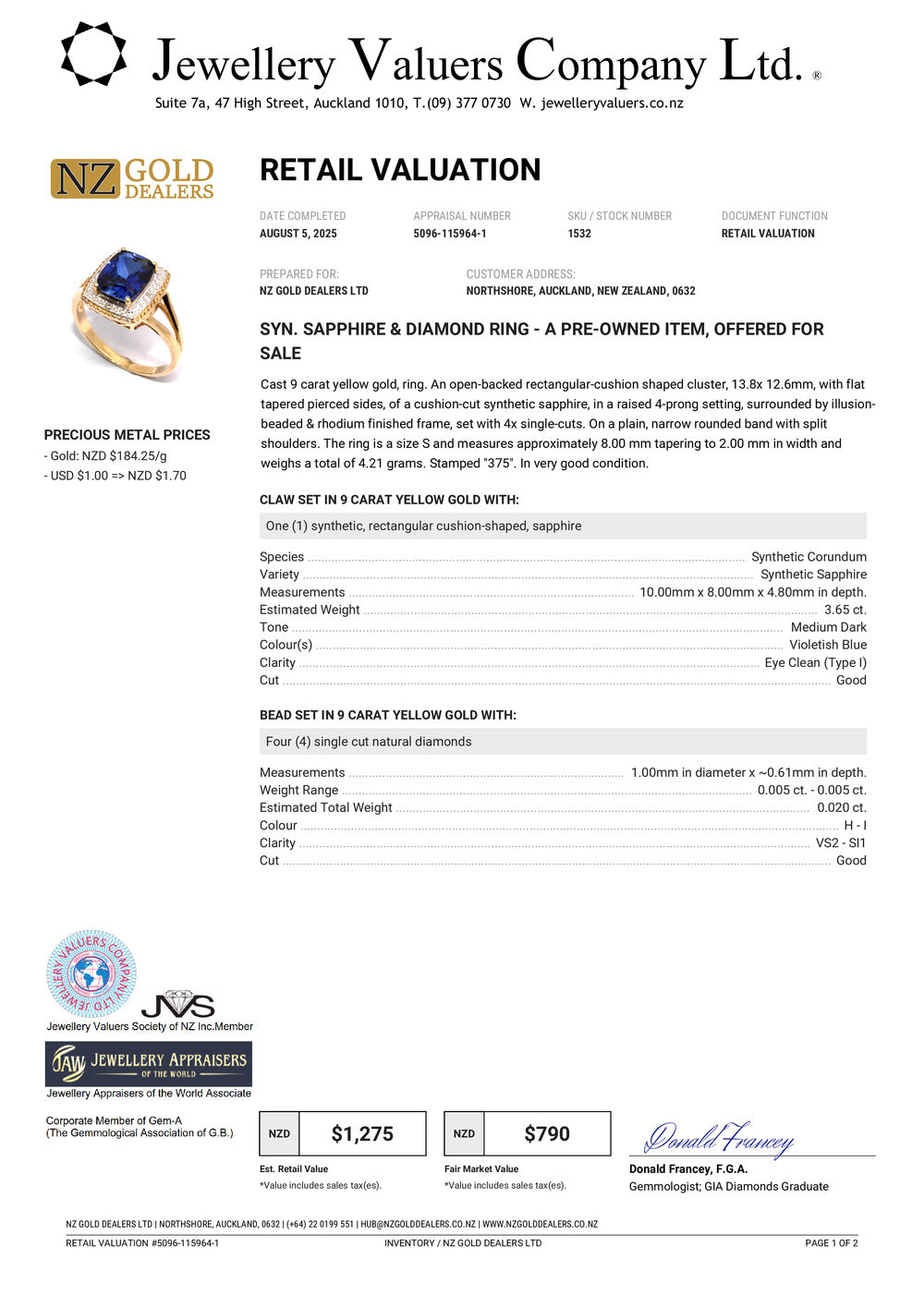 GOLD DEAL | FLASH SALE 9ct (9K) Gold Pristine Sapphire & Diamond Ring Valuation $1,275
