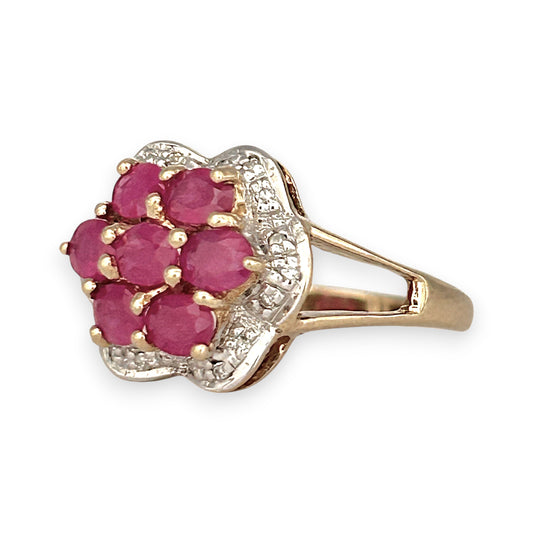 GOLD DEAL | 9ct (9K) Gold Ruby & Diamond Cluster Lavish Ring Valuation $1,625