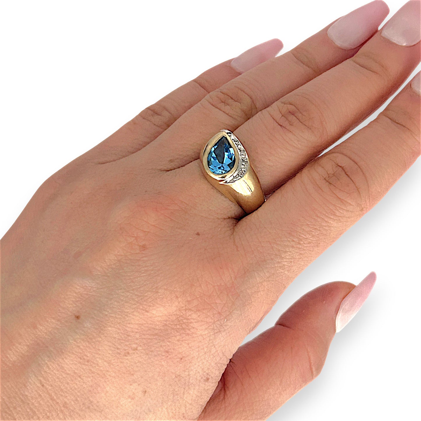 GOLD DEAL | 9ct (9K) Gold Pear-Cut Blue Topaz & Diamond Accent Ring Valuation $2,000