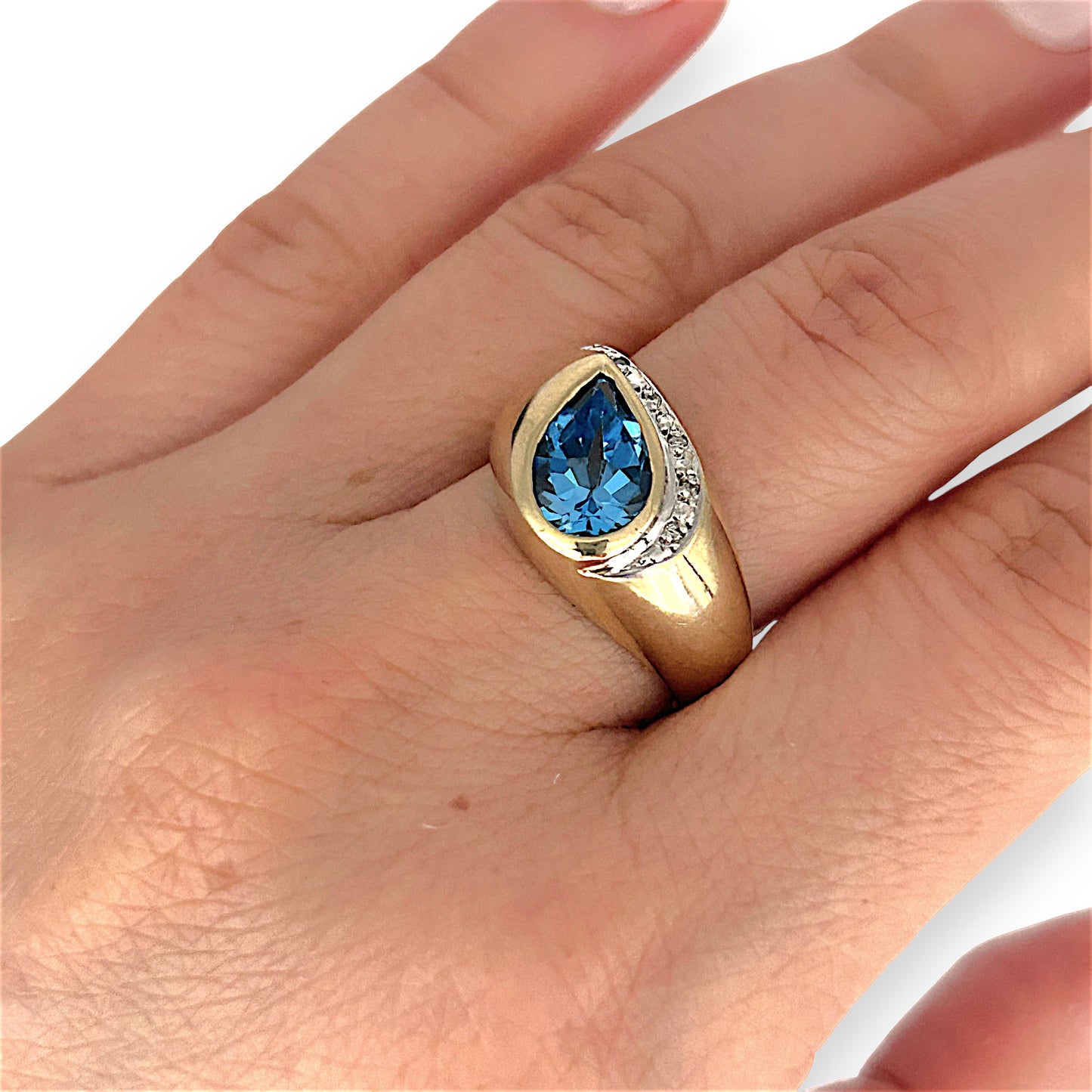 GOLD DEAL | 9ct (9K) Gold Pear-Cut Blue Topaz & Diamond Accent Ring Valuation $2,000
