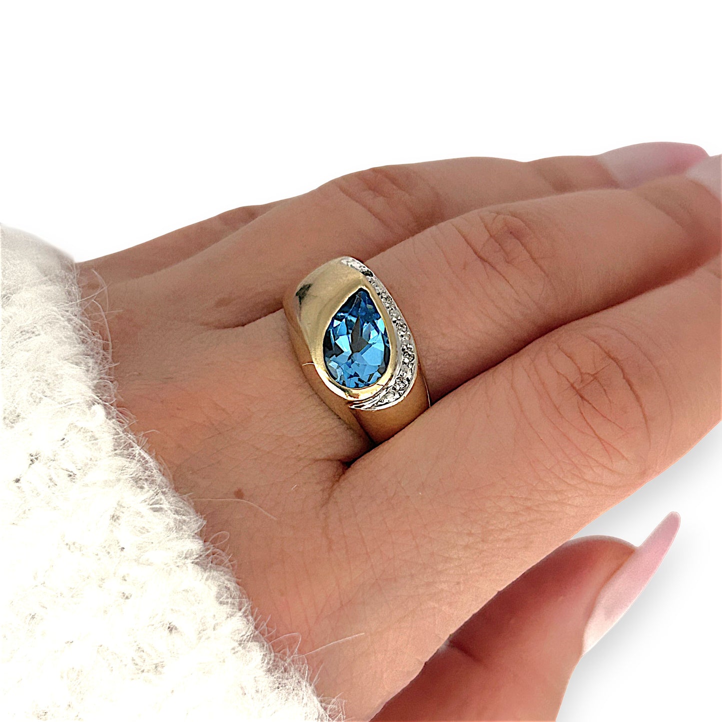 GOLD DEAL | 9ct (9K) Gold Pear-Cut Blue Topaz & Diamond Accent Ring Valuation $2,000