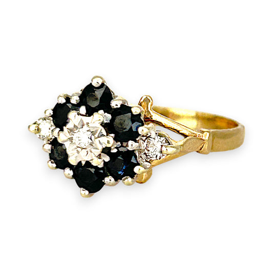 GOLD DEAL | 9ct (9K) Gold Sapphire & Diamond Floral Cluster Ring Valuation $1,600