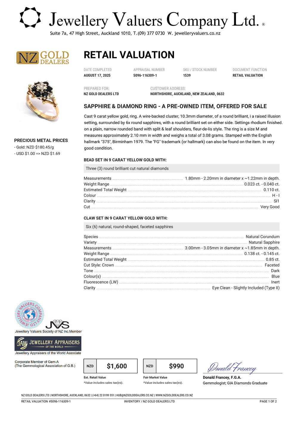 GOLD DEAL | 9ct (9K) Gold Sapphire & Diamond Floral Cluster Ring Valuation $1,600